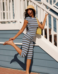 Striped ribbed capri pant
Fold over waistband
Lined
blue and yellow striped capri pant
summer spring outfit