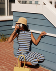 Striped ribbed capri pant
Fold over waistband
Lined
blue and yellow striped capri pant
summer spring outfit