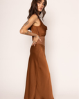 brown Satin maxi dress
Cowl neckline
Mesh waist detail
Low back cowl
Adjustable back tie
Side zipper closure
Partially lined
brown wedding guest dress
fall wedding guest dress
western wear wedding guest dress