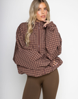 brown Gingham printed windbreaker jacket
Front zipper closure
Adjustable cinch-able hem and arm hem
Side pockets
Partial inner mesh lining
fall windbreaker
cute windbreaker
fall workout outfit