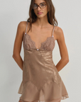 chocolate brown Satin slip dress
Floral jacquard bodice
Lace triangle cups
Chiffon skirt
Adorned with contrast rosettes and a decorative bow at the center-front
Fully lined
Adjustable shoulder straps
Functional keyhole and covered button at back neckline
Polyester/Elastane