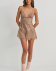 chocolate brown Satin slip dress
Floral jacquard bodice
Lace triangle cups
Chiffon skirt
Adorned with contrast rosettes and a decorative bow at the center-front
Fully lined
Adjustable shoulder straps
Functional keyhole and covered button at back neckline
Polyester/Elastane