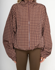 brown Gingham printed windbreaker jacket
Front zipper closure
Adjustable cinch-able hem and arm hem
Side pockets
Partial inner mesh lining
fall windbreaker
cute windbreaker
fall workout outfit