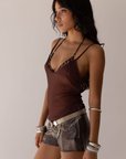 maroon Sheer metallic tank top
V neckline
Adjustable spaghetti straps
Back scoop
Unlined/Sheer
Length: 21"
Rayon/Metallic/Spandex