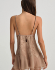 chocolate brown Satin slip dress
Floral jacquard bodice
Lace triangle cups
Chiffon skirt
Adorned with contrast rosettes and a decorative bow at the center-front
Fully lined
Adjustable shoulder straps
Functional keyhole and covered button at back neckline
Polyester/Elastane