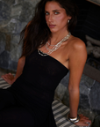black strapless Mesh jumpsuit
Waist sash
Inner ruber grip lining
Back zipper closure
Lined/Sheer
