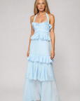 blue tired maxi dress
blue wedding guest dress
ruffle trim