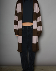 Striped open knit crochet longline cardigan. Long sleeves. Open front. Unlined. striped long knit cardigan. fall outfit. winter outfit. fall cardigan. winter cardigan. layering piece