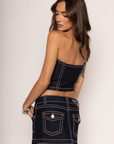 Structured strapless bustier crop top
Dark rinse wash
Sculpted princess neckline
Front zip closure
Contrast stitching
Stretch denim
Make sure to buy it tight or true to size as the denim will relax over time
Length: 10.5"
Cotton/Polyester/Elastane