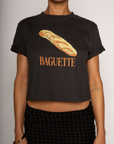 black Graphic printed cropped t-shirt
Crewneck neckline
Short sleeve
Unlined
baguette tee
summer tee