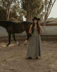 Plaid woven maxi dress. Elastic strapless neckline. Inner rubber grip lining. Elastic smocked back panel. Back hook and eye and zipper closures. Fully lined. Paid maxi dress. ranch outfit. western outfit