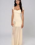 Mesh off the shoulder maxi dress
Rouched bodice
Back zipper closure
Partially lined in nude pink fabric
Partially sheer
cream colored maxi dress
butter yellow half sheer maxi dress
yellow wedding guest dress