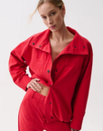 red Funnel neck jacket
Front button down closure
Draped fit
Length: 27"
Cotton
