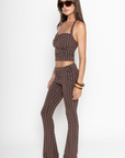 TOP
Polka dot halter top
Adjustable tie top
Ruched bust
Unlined
Length: 19"
Rayon/Spandex
BOTTOM
Polka dot pant
Fold over
Ruched sides
Flare bottom
Rayon/Spandex
Length: 39"
Runs small
brown polka dot tank top and pant set