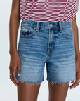 Mid-rise denim short
Medium length
Relaxed fit
Medium blue denim wash
Whiskering and a frayed, distressed hem
