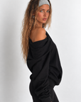 black Oversized hoodie sweatshirt
Fold over neckline
Front pocket
Unlined
can be worn multiple ways
