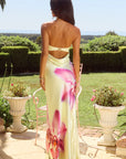 Floral maxi length dress
Strapless neckline
Open back with cowl
Snap closure
Lined, non-stretch
Polyester/Spandex