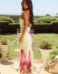 Floral maxi length dress
Strapless neckline
Open back with cowl
Snap closure
Lined, non-stretch
Polyester/Spandex