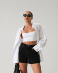 DENIM SHORT WASHED BLACK DENIM SHORTS BUTTON AND ZIPPER FLY 5 POCKET ABRAND MIDRISE FULL LENGTH SHORT SILVER HARDWARE