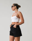 DENIM SHORT WASHED BLACK DENIM SHORTS BUTTON AND ZIPPER FLY 5 POCKET ABRAND MIDRISE FULL LENGTH SHORT SILVER HARDWARE