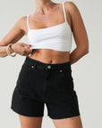 DENIM SHORT WASHED BLACK DENIM SHORTS BUTTON AND ZIPPER FLY 5 POCKET ABRAND MIDRISE FULL LENGTH SHORT SILVER HARDWARE