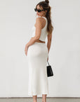 Textured ribbed knit cropped tank top. Racer back. Unlined. Textured ribbed knit maxi skirt. Elastic waist. Unlined. Basic set. white set. cream set. white skirt set. cream skirt set. summer outfit. cute summer outfit