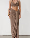 Knit maxi skirt. Knit top. Front keyhole with adjustable tie closure. Front slit. Fully lined. tan dress set. tan set to wear on vacation. Outfit to wear on vacation. Outfift to wear in Mexico. Mexico outfit. Beach outfit. brown dress set. brown set