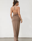 Knit maxi skirt. Knit top. Front keyhole with adjustable tie closure. Front slit. Fully lined. tan dress set. tan set to wear on vacation. Outfit to wear on vacation. Outfift to wear in Mexico. Mexico outfit. Beach outfit. brown dress set. brown set
