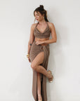 Knit maxi skirt. Knit top. Front keyhole with adjustable tie closure. Front slit. Fully lined. tan dress set. tan set to wear on vacation. Outfit to wear on vacation. Outfift to wear in Mexico. Mexico outfit. Beach outfit. brown dress set. brown set