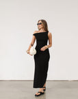 black Ribbed knit maxi dress. Twisted straps. Ruched sides. Unlined.