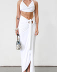 Knit maxi skirt. Knit top. Front keyhole with adjustable tie closure. Front slit. Fully lined. White dress set. White set to wear on vacation. Outfit to wear on vacation. Outfift to wear in Mexico. Mexico outfit. Beach outfit.