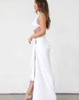 Knit maxi skirt. Knit top. Front keyhole with adjustable tie closure. Front slit. Fully lined. White dress set. White set to wear on vacation. Outfit to wear on vacation. Outfift to wear in Mexico. Mexico outfit. Beach outfit.