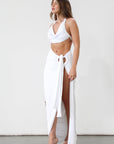 Knit maxi skirt. Knit top. Front keyhole with adjustable tie closure. Front slit. Fully lined. White dress set. White set to wear on vacation. Outfit to wear on vacation. Outfift to wear in Mexico. Mexico outfit. Beach outfit.