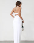 Knit maxi skirt. Knit top. Front keyhole with adjustable tie closure. Front slit. Fully lined. White dress set. White set to wear on vacation. Outfit to wear on vacation. Outfift to wear in Mexico. Mexico outfit. Beach outfit.