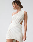Slashed crochet knit dress. One shoulder neckline. Waist cut outs. Unlined. crochet knit dress. white crochet knit dress. cream crochet knit dress. beach cover up. Mexico outfit. vacation outfit. Summer dress. cute vacation outfit. cute vacation dress