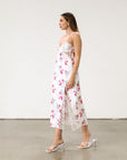 Floral printed satin maxi dress. Adjustable tie straps. Front slot. Adjustable back tie closures. Unlined for love and lemons dress. floral slip dress with lace detail and slit.