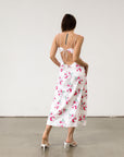 Floral printed satin maxi dress. Adjustable tie straps. Front slot. Adjustable back tie closures. Unlined for love and lemons dress. floral slip dress with lace detail and slit.