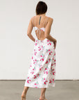 Floral printed satin maxi dress. Adjustable tie straps. Front slot. Adjustable back tie closures. Unlined for love and lemons dress. floral slip dress with lace detail and slit.