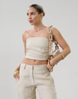 Woven tube top. Elastic smocked back. Fully lined. tan linen tube top. tan linen top. outfit to wear on vacation. minimal tube top. minimal top