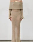 Textured open knit maxi dress. Elastic neckline. Off the shoulder long sleeves. Unlined. beach vacation dress. dress to wear to mexico. dress to wear to miami. beach vacation dress. tan knit dress. tan off the shoulder dress