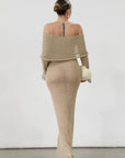 Textured open knit maxi dress. Elastic neckline. Off the shoulder long sleeves. Unlined. beach vacation dress. dress to wear to mexico. dress to wear to miami. beach vacation dress. tan knit dress. tan off the shoulder dress