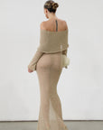 Textured open knit maxi dress. Elastic neckline. Off the shoulder long sleeves. Unlined. beach vacation dress. dress to wear to mexico. dress to wear to miami. beach vacation dress. tan knit dress. tan off the shoulder dress