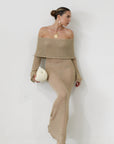 Textured open knit maxi dress. Elastic neckline. Off the shoulder long sleeves. Unlined. beach vacation dress. dress to wear to mexico. dress to wear to miami. beach vacation dress. tan knit dress. tan off the shoulder dress