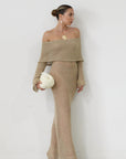 Textured open knit maxi dress. Elastic neckline. Off the shoulder long sleeves. Unlined. beach vacation dress. dress to wear to mexico. dress to wear to miami. beach vacation dress. tan knit dress. tan off the shoulder dress
