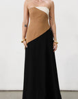 Colorblock woven maxi dress. Strapless neckline. Inner rubber grip lining. Back hook and eye and zipper closures. Fully lined. brown maxi dress.