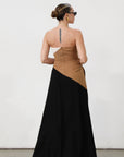 Colorblock woven maxi dress. Strapless neckline. Inner rubber grip lining. Back hook and eye and zipper closures. Fully lined. brown maxi dress.