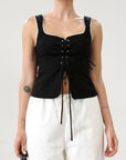 Woven crop top. Fixed straps. Front lace up closure. Side hook and eye and zipper closures. Fully line. black tank top. black top with white outline. summer top. top for summer. going out top. european summer aesthetic