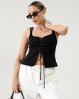 Woven crop top. Fixed straps. Front lace up closure. Side hook and eye and zipper closures. Fully line. black tank top. black top with white outline. summer top. top for summer. going out top. european summer aesthetic