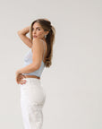 Knit lace cropped tank top. Elastic straps. Elastic back neckline. Ribbed knit back panel. Unlined. Baby blue lace tank top.