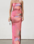 Knit mesh maxi dress. Elastic straps. Ruched sides. Side slits. Elastic back. Fully lined. Pink maxi dress. pink tie dye maxi dress. side slit dress. wedding guest dress